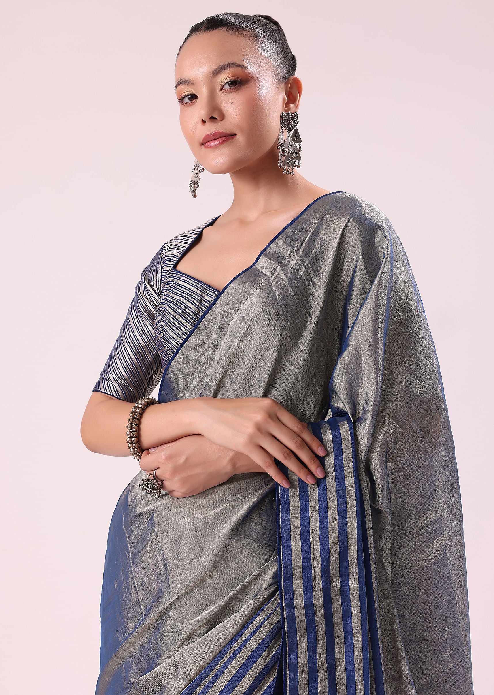 Blue And Silver Half Striped Chanderi Saree Wiith Stitched Blouse