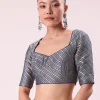 Blue And Silver Half Striped Chanderi Saree Wiith Stitched Blouse