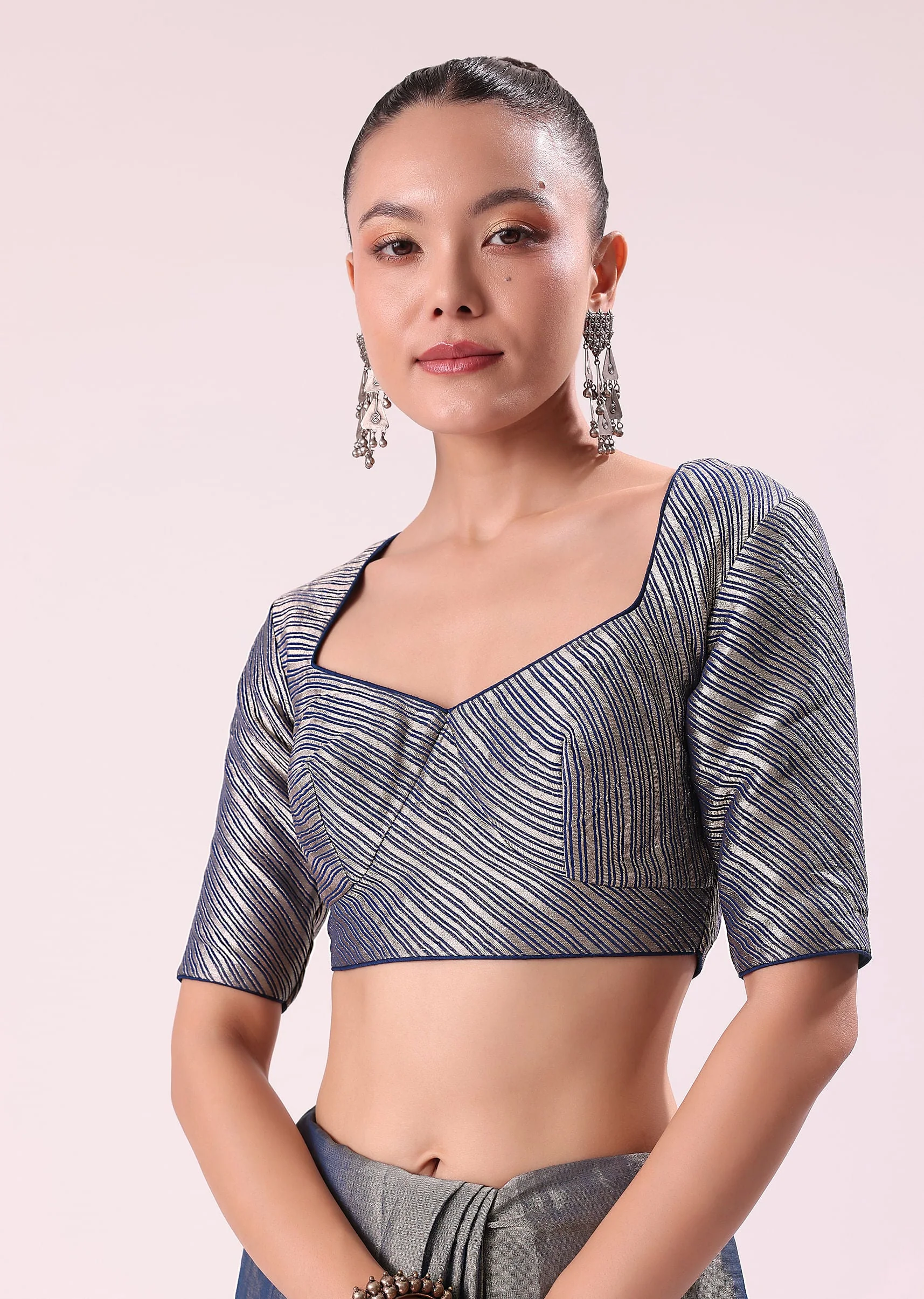 Blue And Silver Half Striped Chanderi Saree Wiith Stitched Blouse