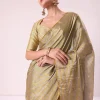 Gold Chanderi Tissue Saree With Pipe Finish Stitched Blouse