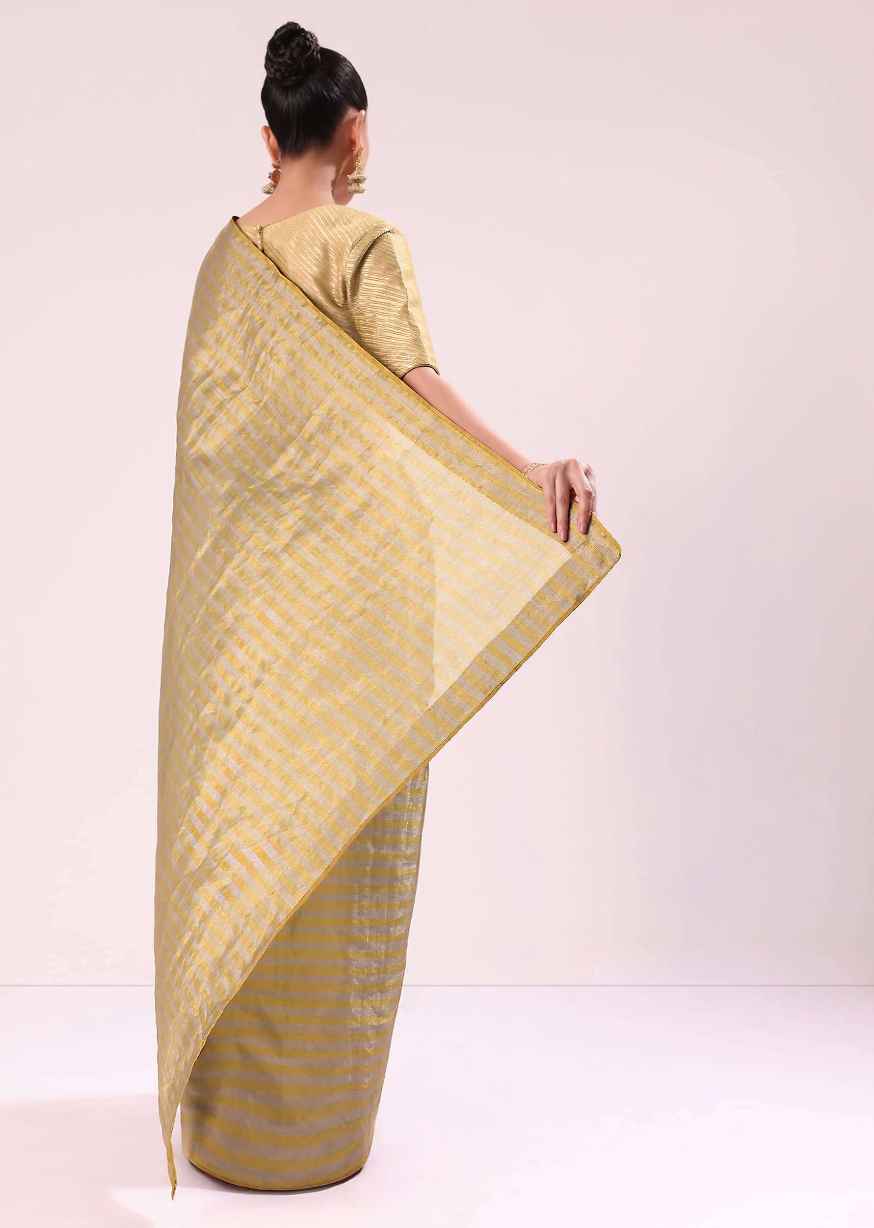 Gold Chanderi Tissue Saree With Pipe Finish Stitched Blouse
