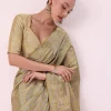 Gold Chanderi Tissue Saree With Pipe Finish Stitched Blouse