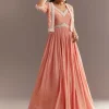 Peach Tissue Gown With Embroidered Jacket