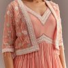 Peach Tissue Gown With Embroidered Jacket