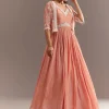 Peach Tissue Gown With Embroidered Jacket
