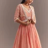 Peach Tissue Gown With Embroidered Jacket
