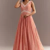 Peach Tissue Gown With Embroidered Jacket