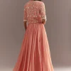 Peach Tissue Gown With Embroidered Jacket