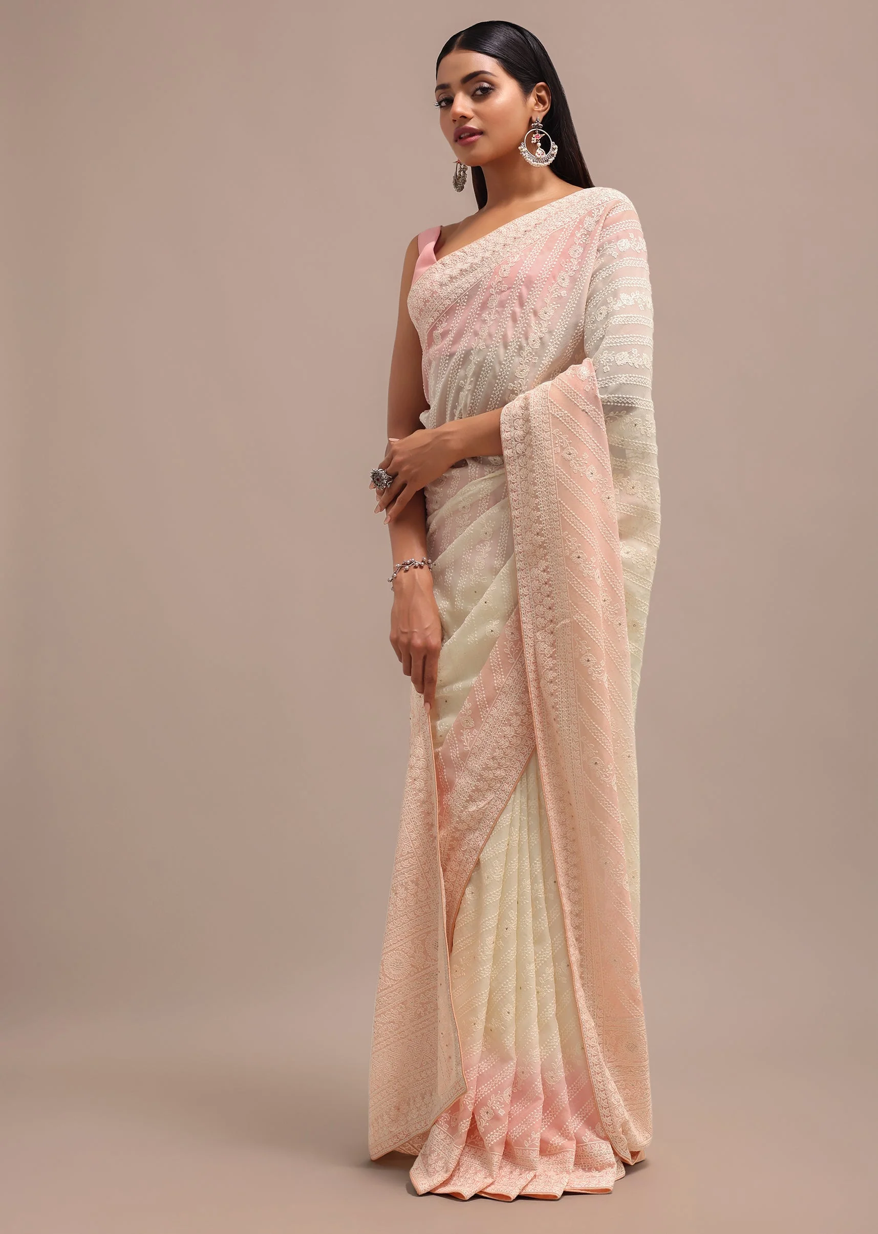 Peach Ombre Chikankari Saree With Unstitched Blouse
