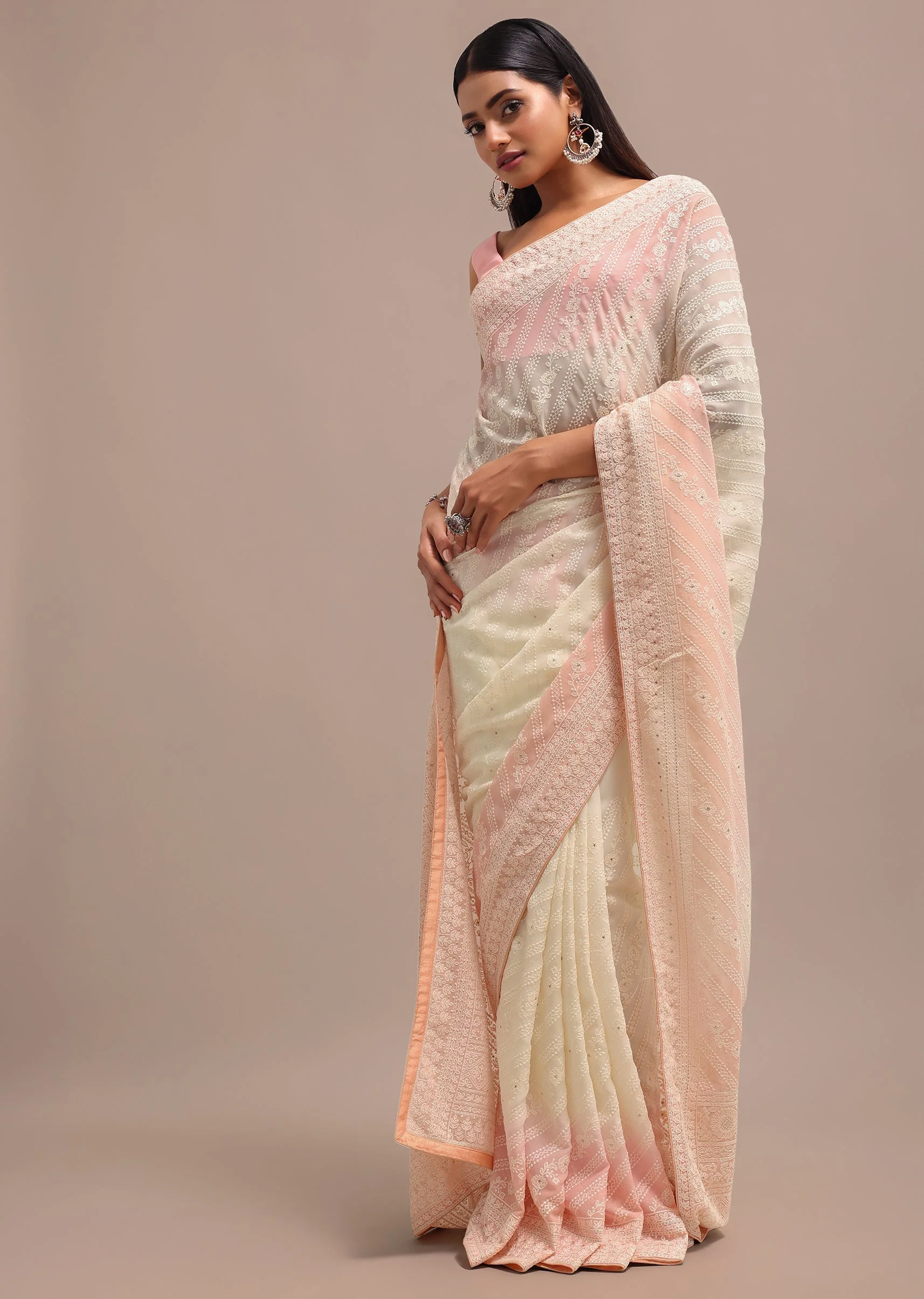 Peach Ombre Chikankari Saree With Unstitched Blouse