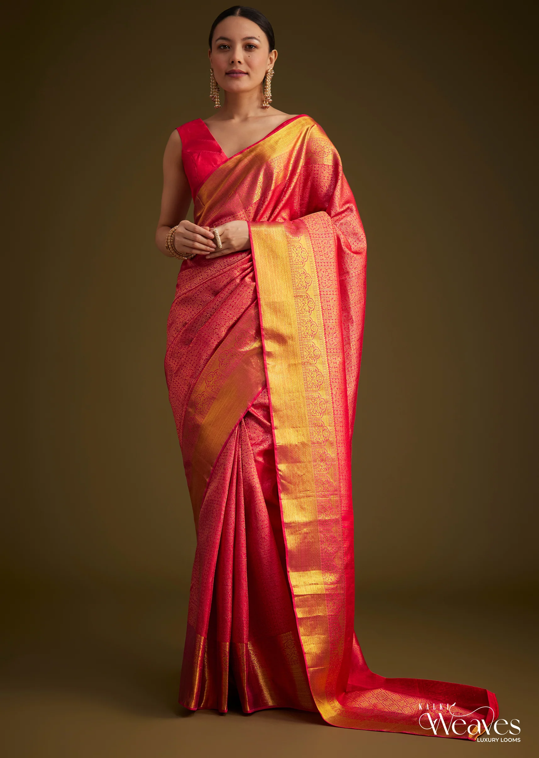 13697-rani-pink-kanjivaram-silk-saree-with-golden-zari-detailing-1.webp Rani Pink Kanjivaram Silk Saree With Golden Zari Detailing