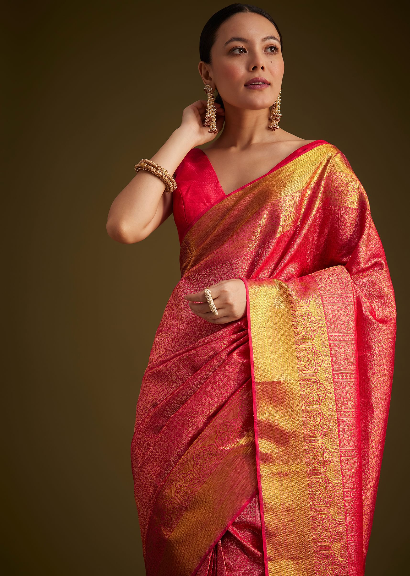 13697-rani-pink-kanjivaram-silk-saree-with-golden-zari-detailing-2.jpg Rani Pink Kanjivaram Silk Saree With Golden Zari Detailing