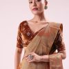 Orange Tissue Saree With Embroidered Rust Orange Stitched Blouse