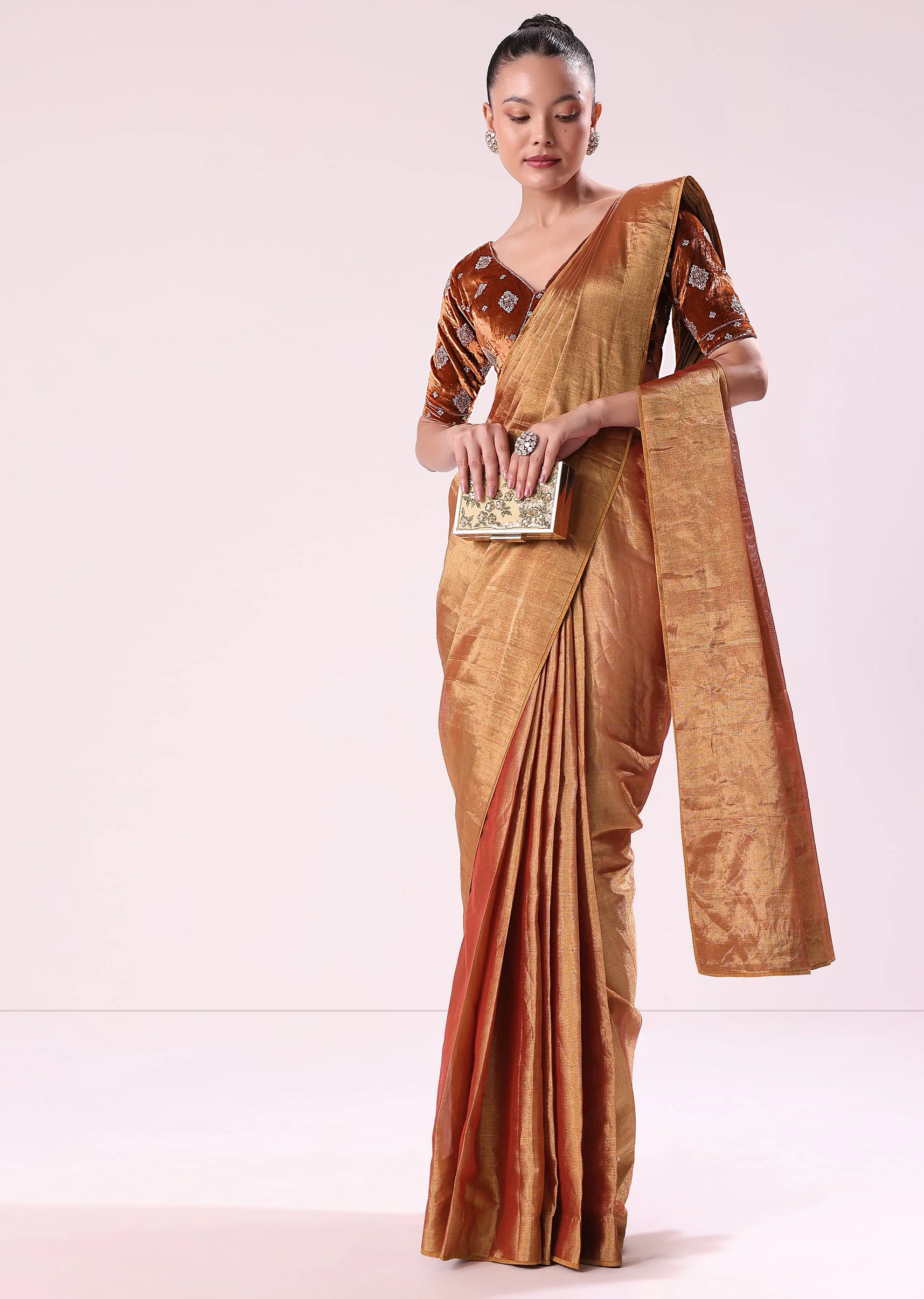 Orange Tissue Saree With Embroidered Rust Orange Stitched Blouse