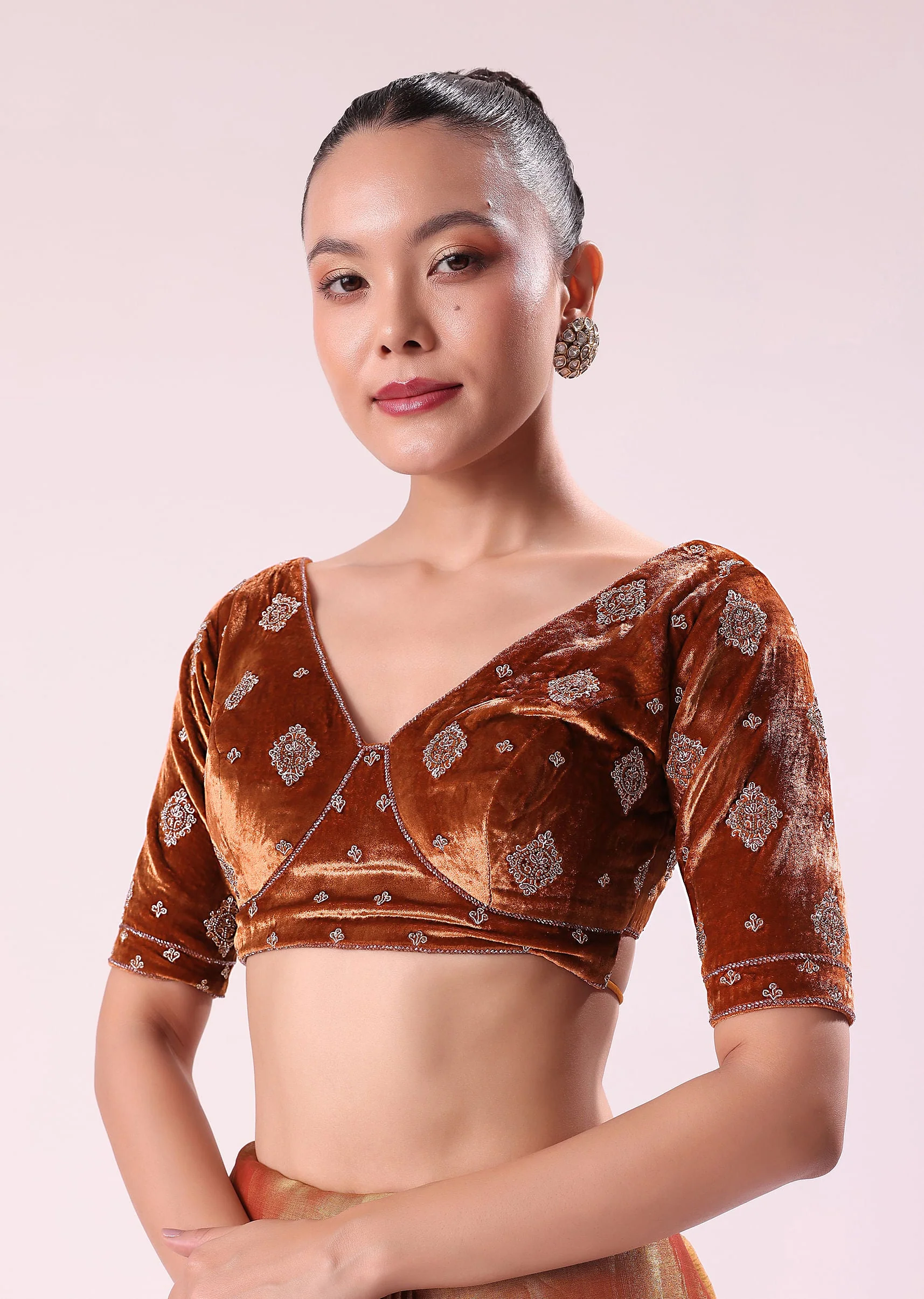 Orange Tissue Saree With Embroidered Rust Orange Stitched Blouse