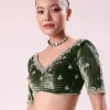 Silver Zari Tissue Saree With Embroidered Emerald Green Stitched Blouse