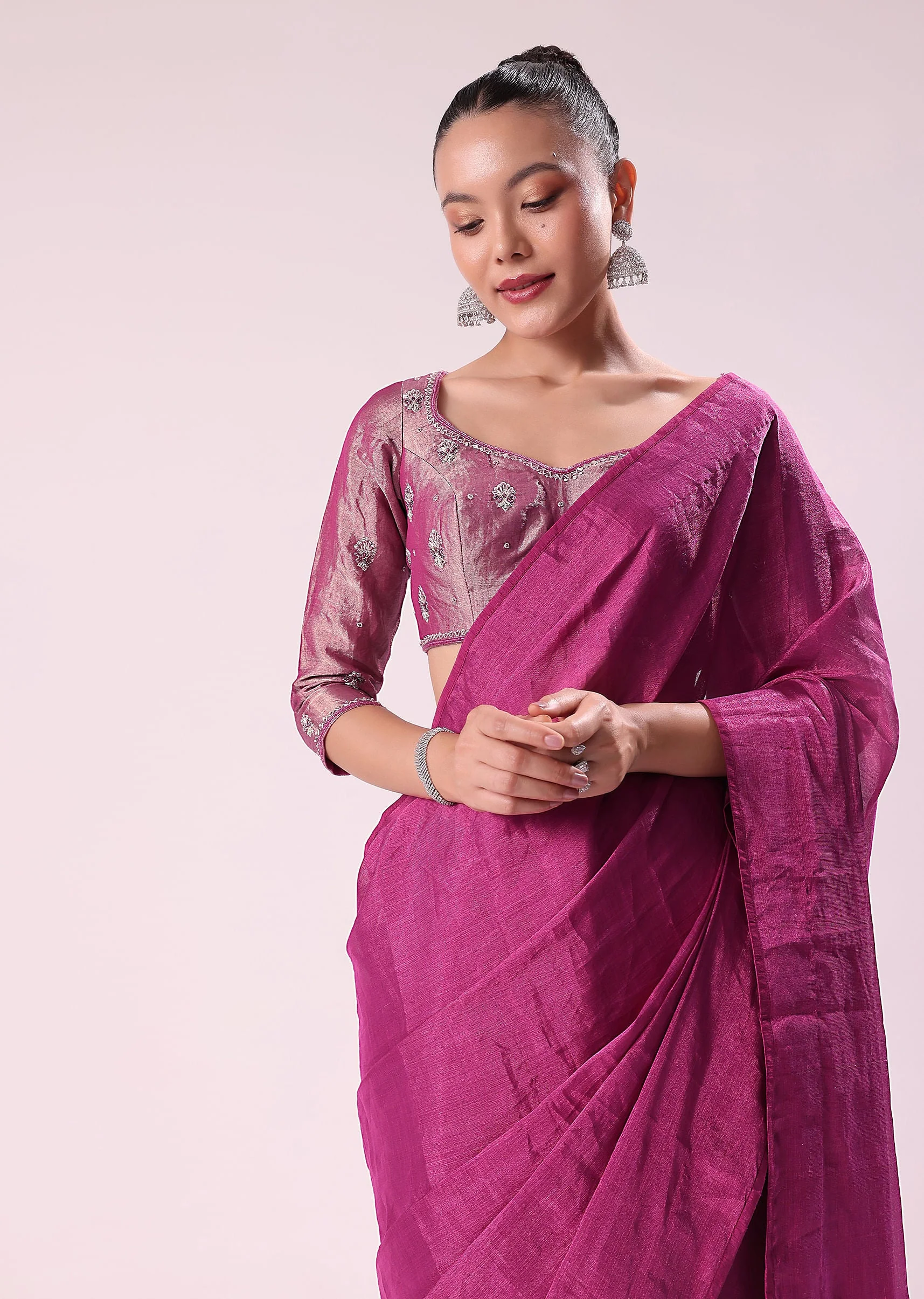 13760-pink-chanderi-tissue-saree-with-silver-rani-tissue-stitched-blouse-1.webp Pink Chanderi Tissue Saree With Silver Rani Tissue Stitched Blouse