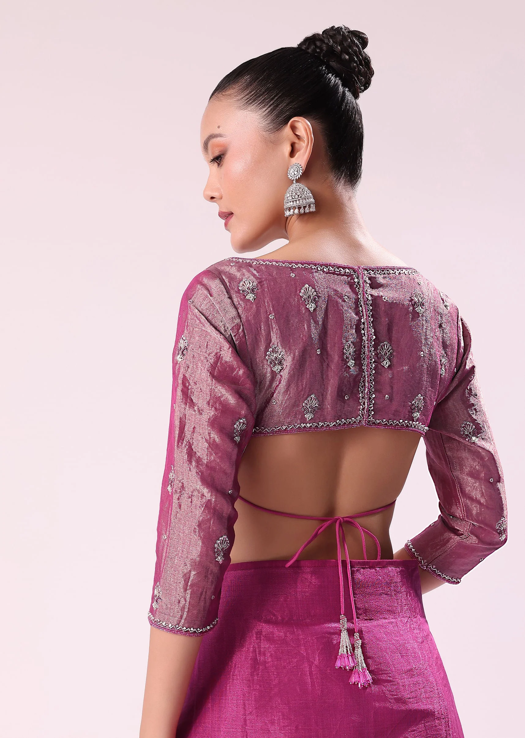 Pink Chanderi Tissue Saree With Silver Rani Tissue Stitched Blouse