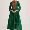 Green Silk Kurta Set With Resham Embroidery And Textured Dupatta