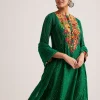 Green Silk Kurta Set With Resham Embroidery And Textured Dupatta