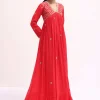 Red Embroidered Chiffon Gown