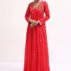 Red Embroidered Chiffon Gown