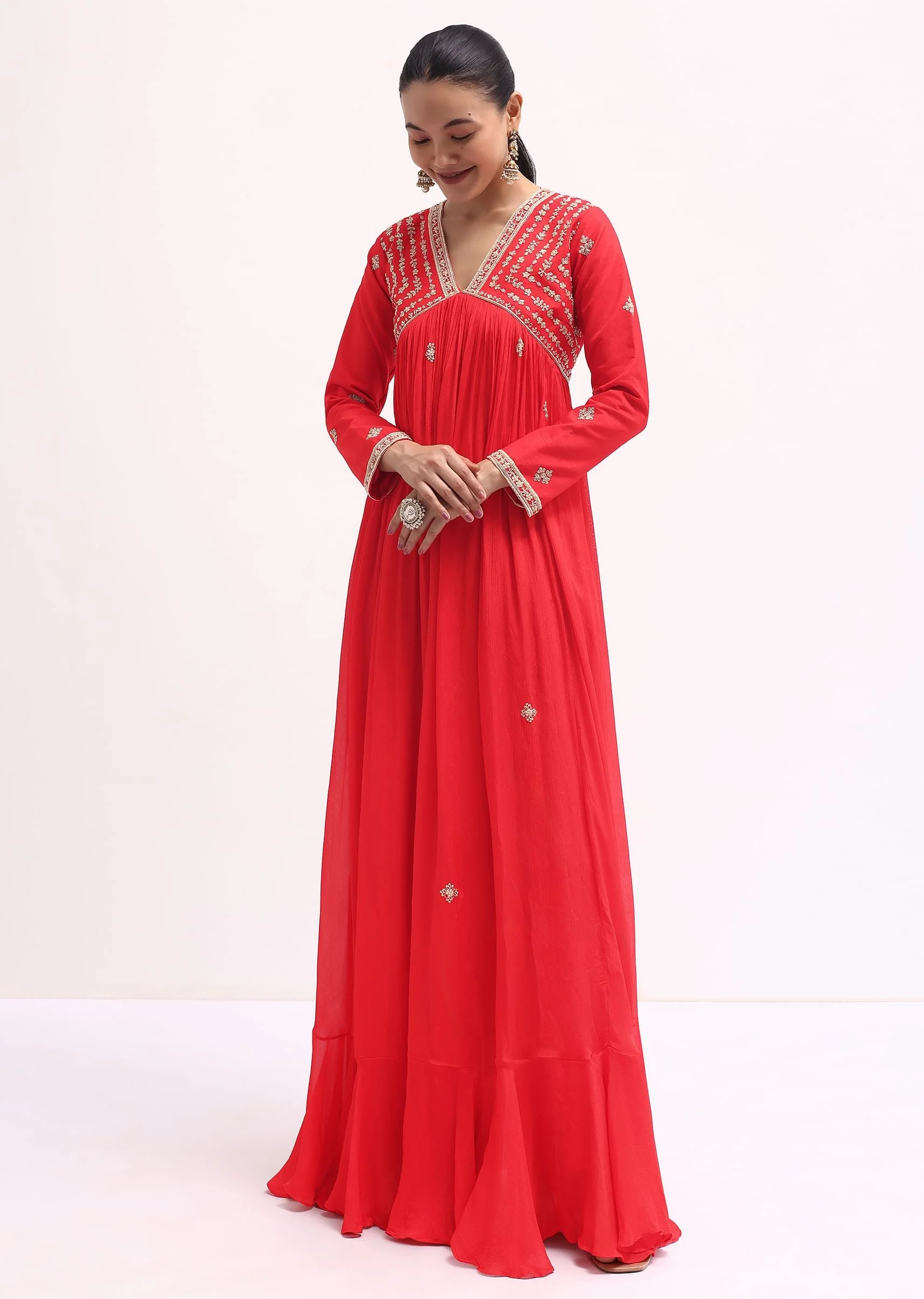 Red Embroidered Chiffon Gown
