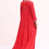 Red Embroidered Chiffon Gown