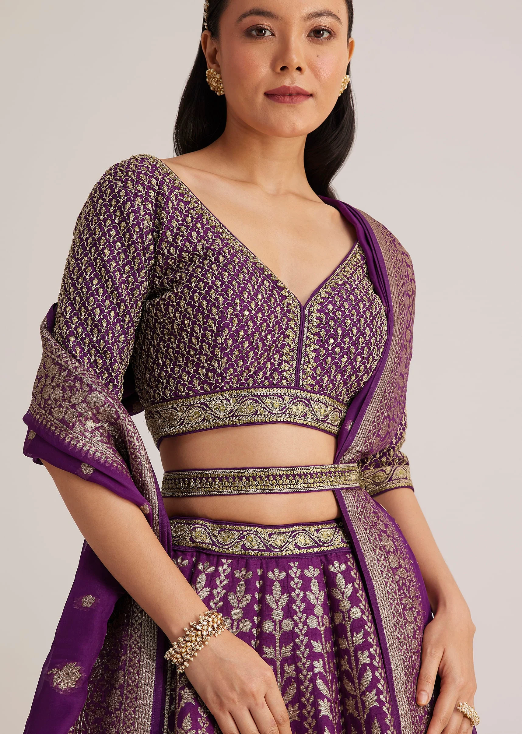 Purple Brocade Embroidered Lehenga Set
