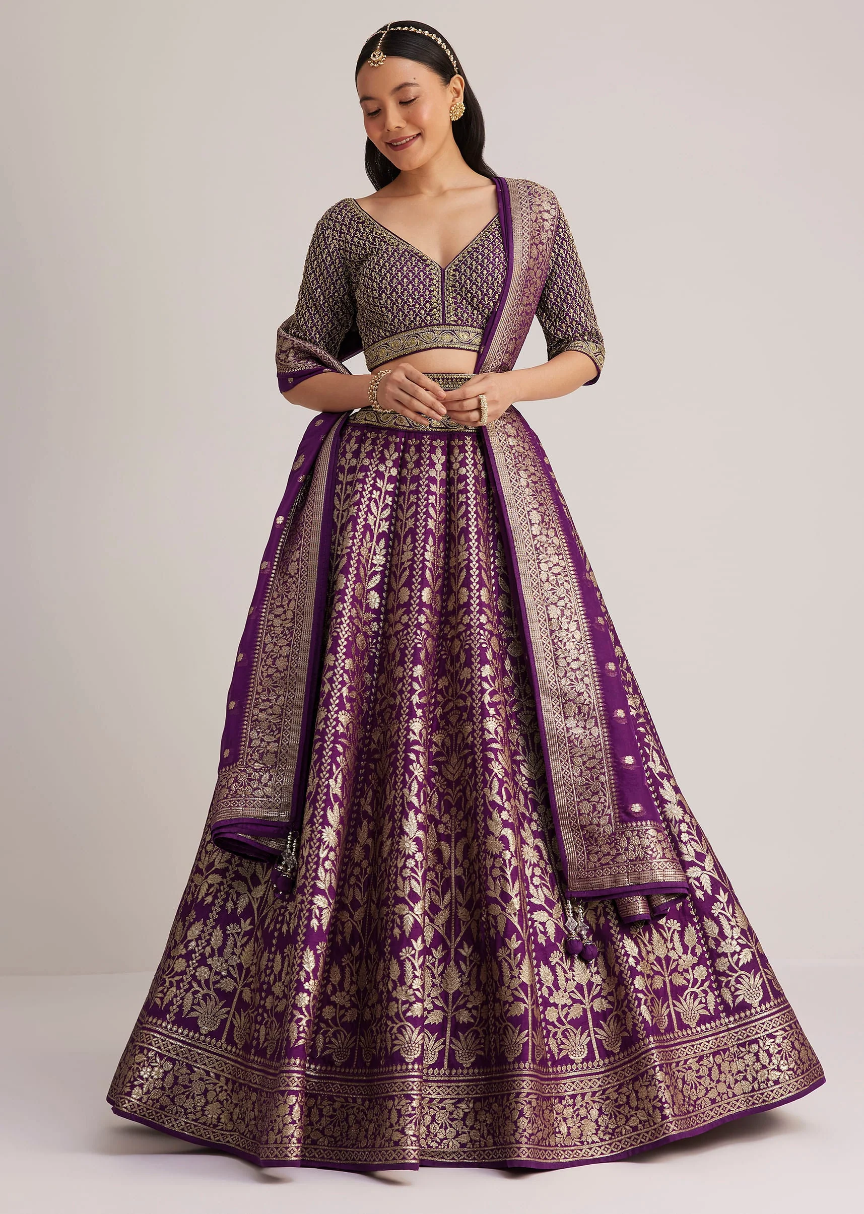 Purple Brocade Embroidered Lehenga Set