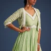 Mint Green Tissue Gown With Embroidered Jacket