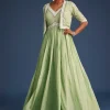Mint Green Tissue Gown With Embroidered Jacket