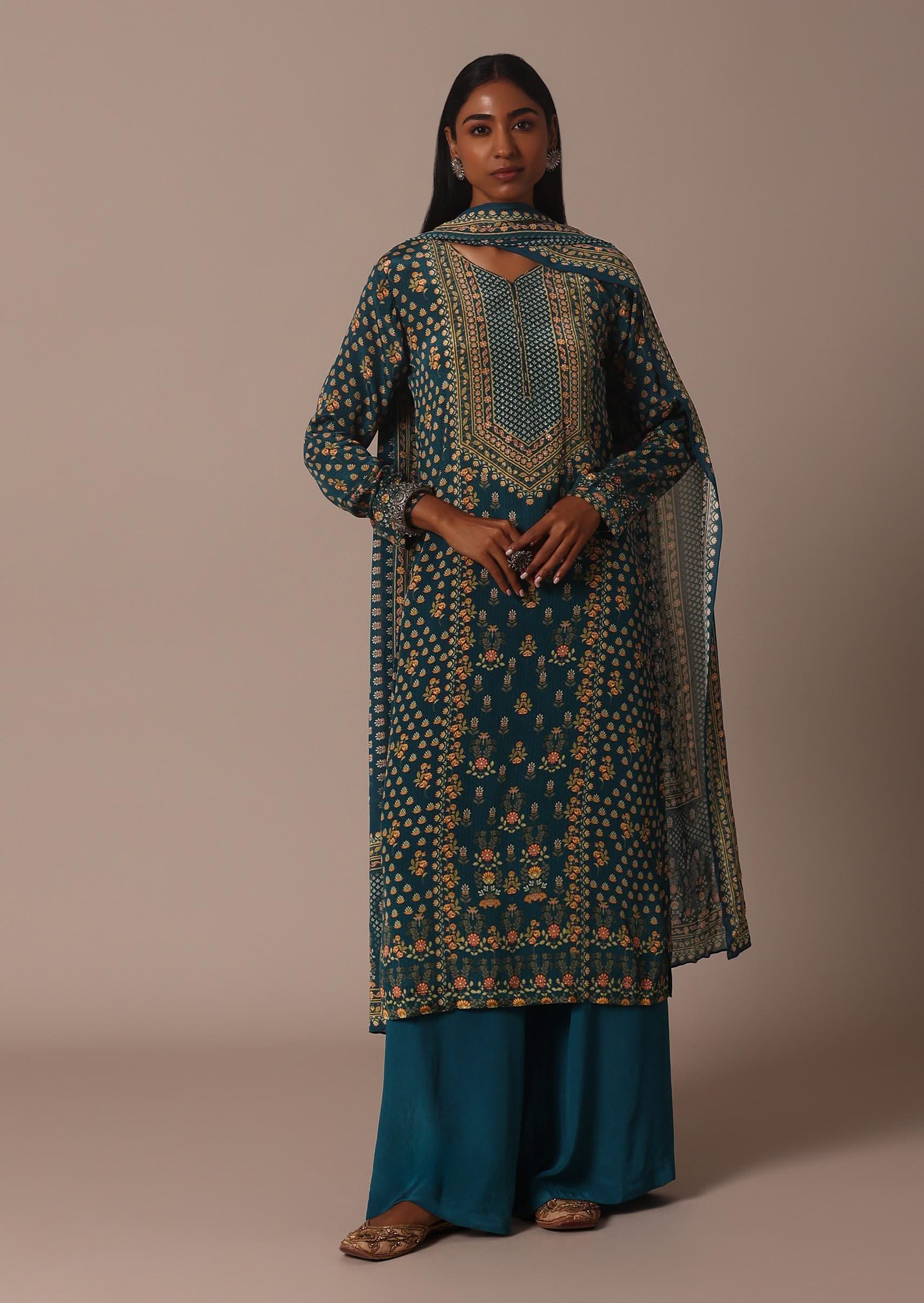 13847-blue-printed-with-stone-detail-kurta-palazzo-set-1.jpg Blue Printed With Stone Detail Kurta Palazzo Set
