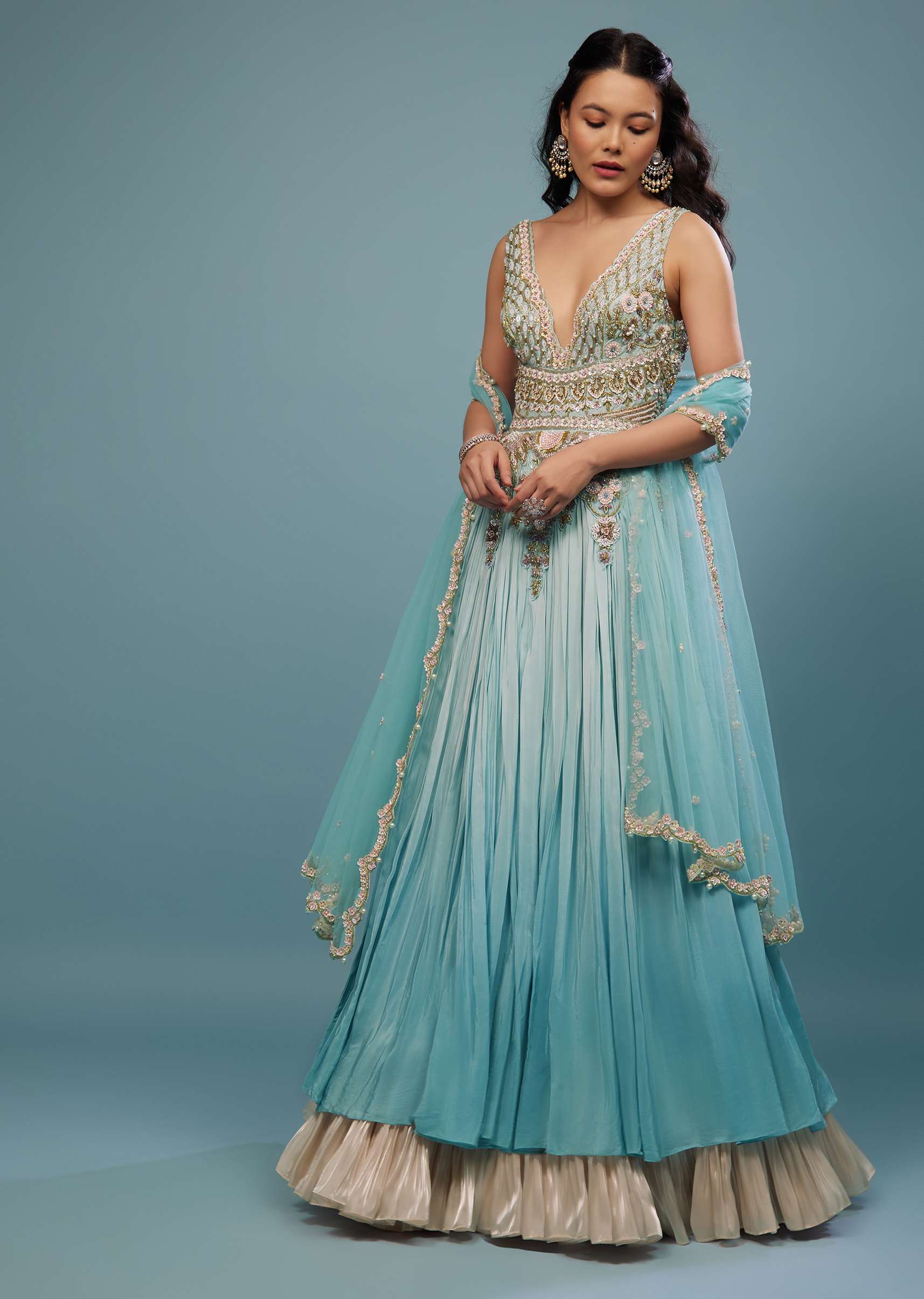 Mint Blue Embroidered Anarkali Suit In Crepe