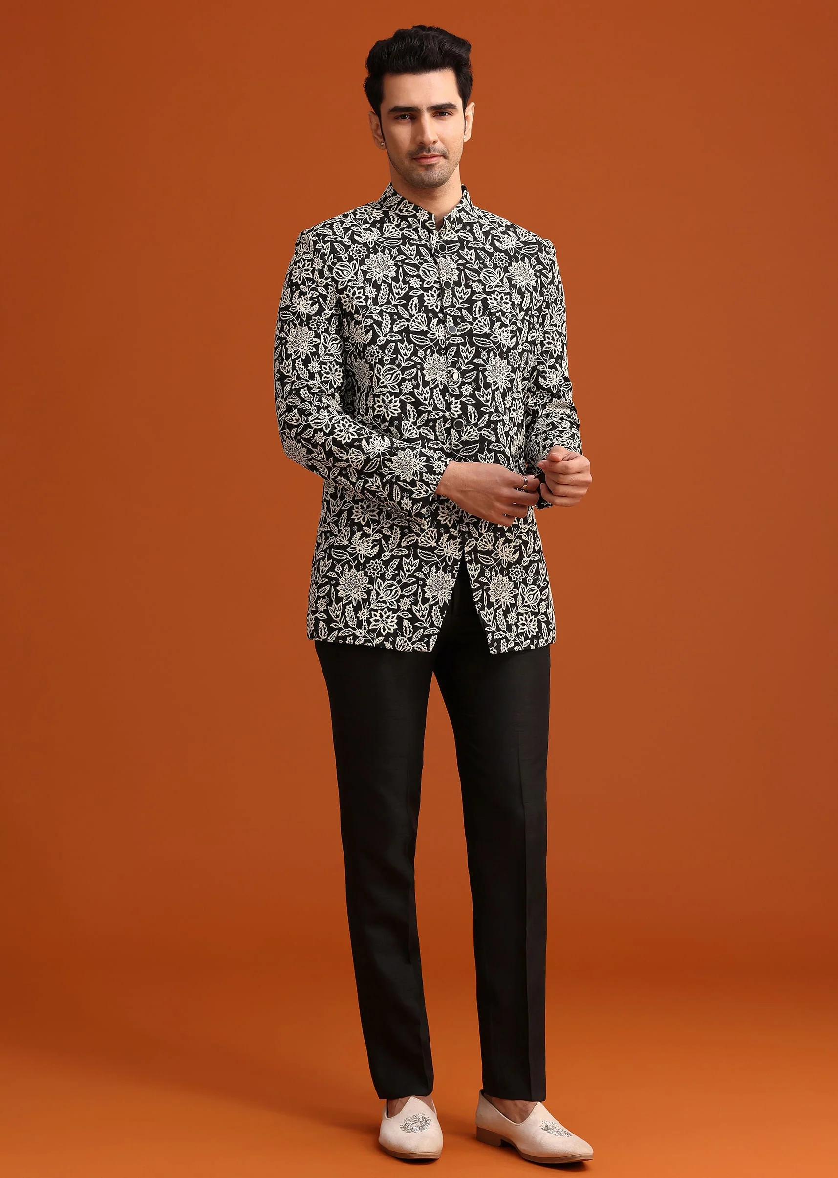 Black Silk Jacket And Kurta Set With Zari Work