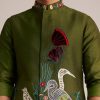 Green Embroidered Nehru Jacket With Bird Detailing
