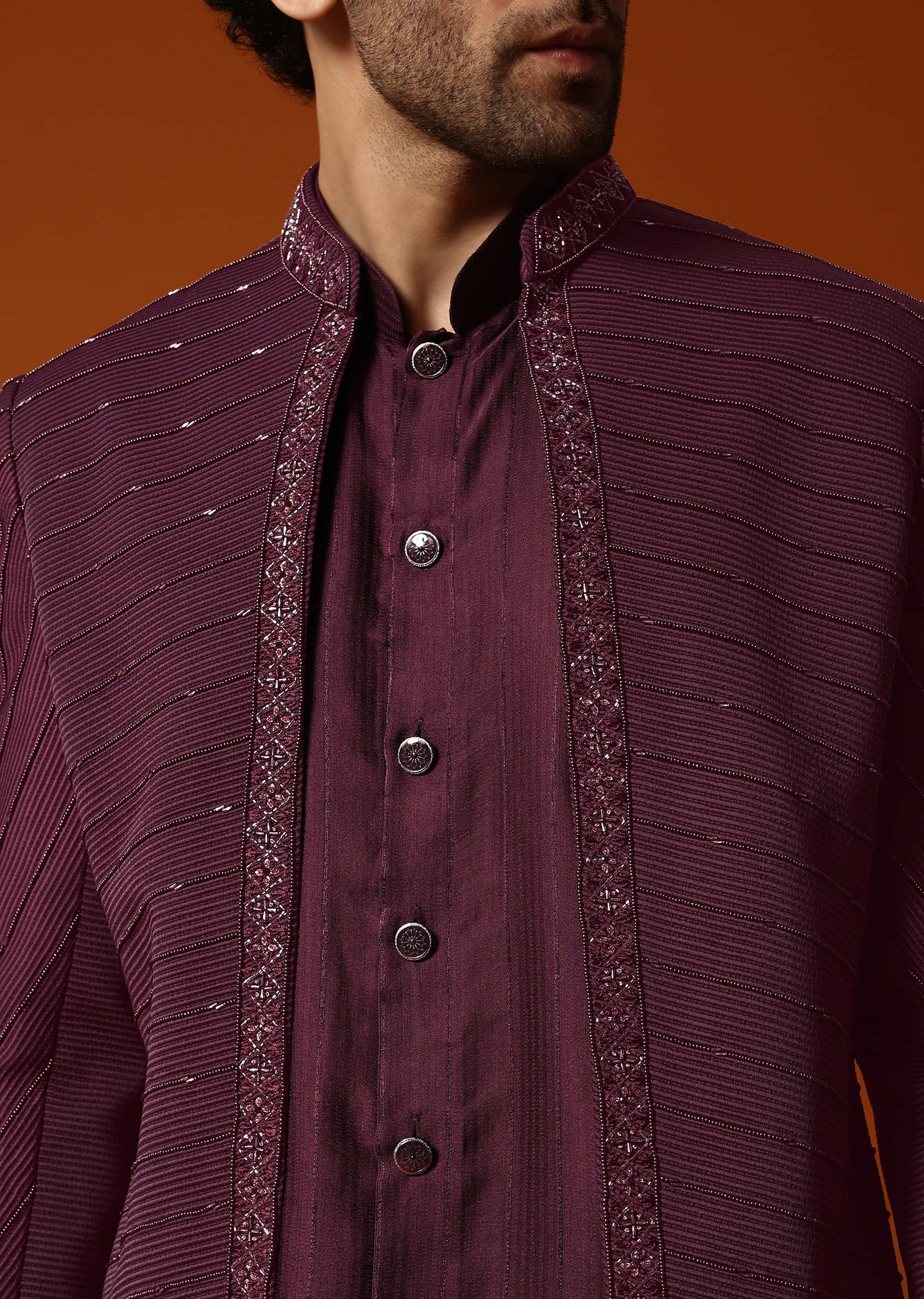 13892-wine-cutdana-embroidered-sherwani-set-for-men-1.jpg Wine Cutdana Embroidered Sherwani Set For Men