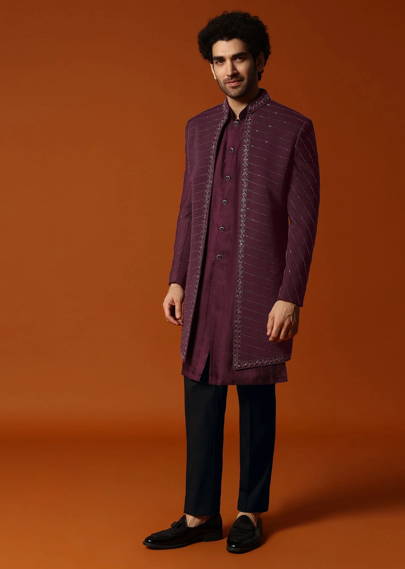 Wine Cutdana Embroidered Sherwani Set For Men