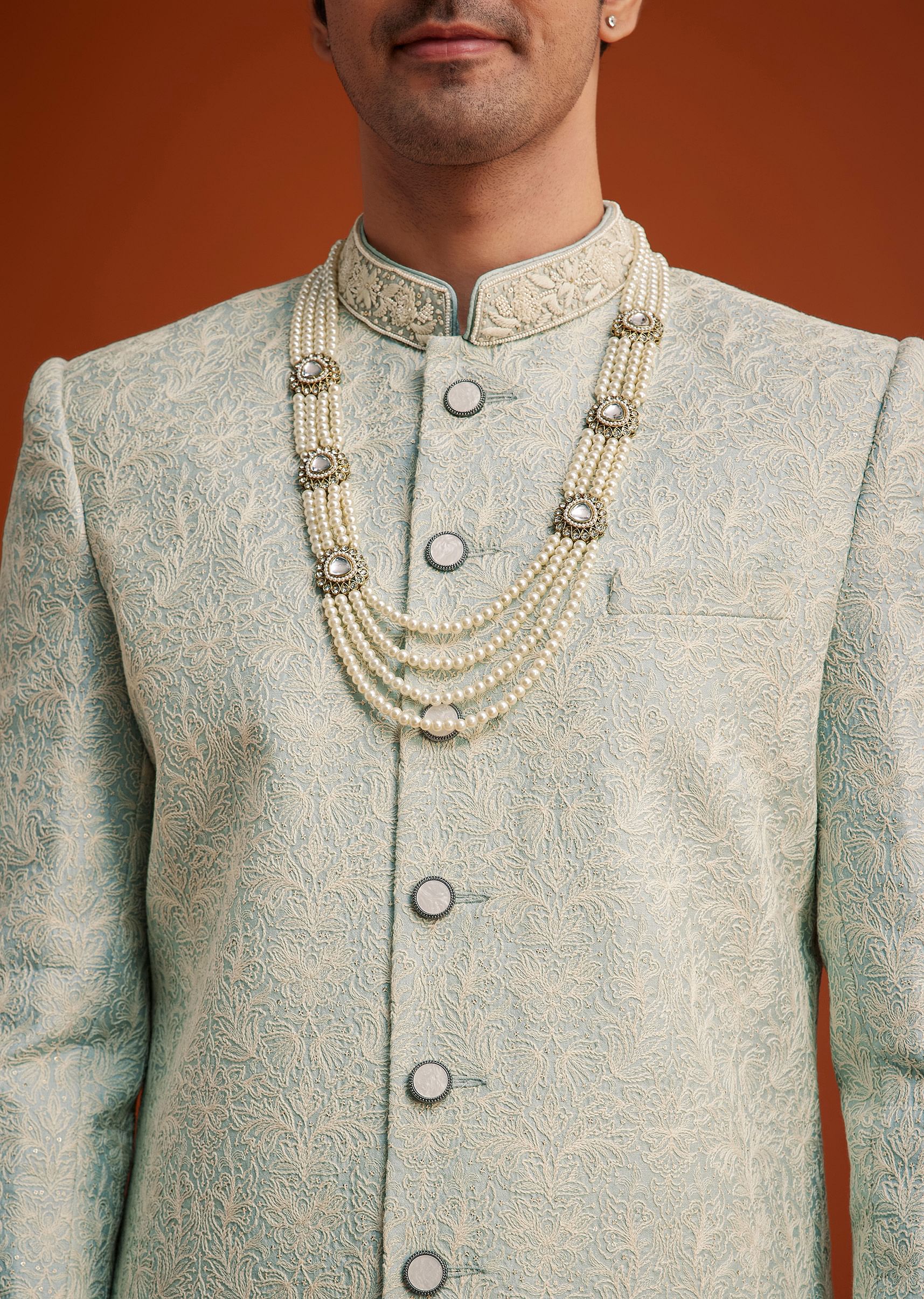 13901-pista-green-silk-sherwani-set-with-beads-embroidery-on-collar-2.jpg Pista Green Silk Sherwani Set With Beads Embroidery On Collar