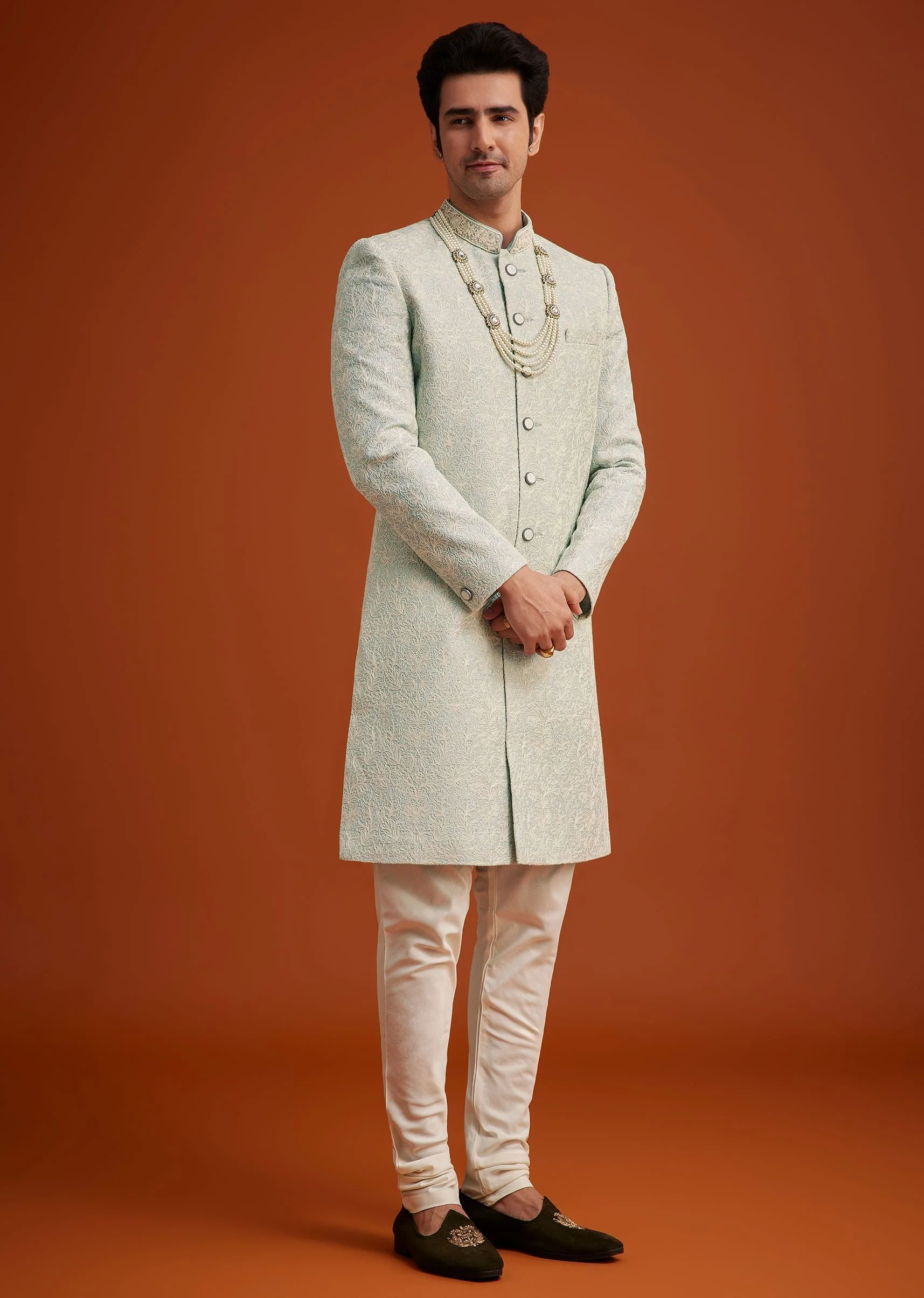 13901-pista-green-silk-sherwani-set-with-beads-embroidery-on-collar-3.webp Pista Green Silk Sherwani Set With Beads Embroidery On Collar