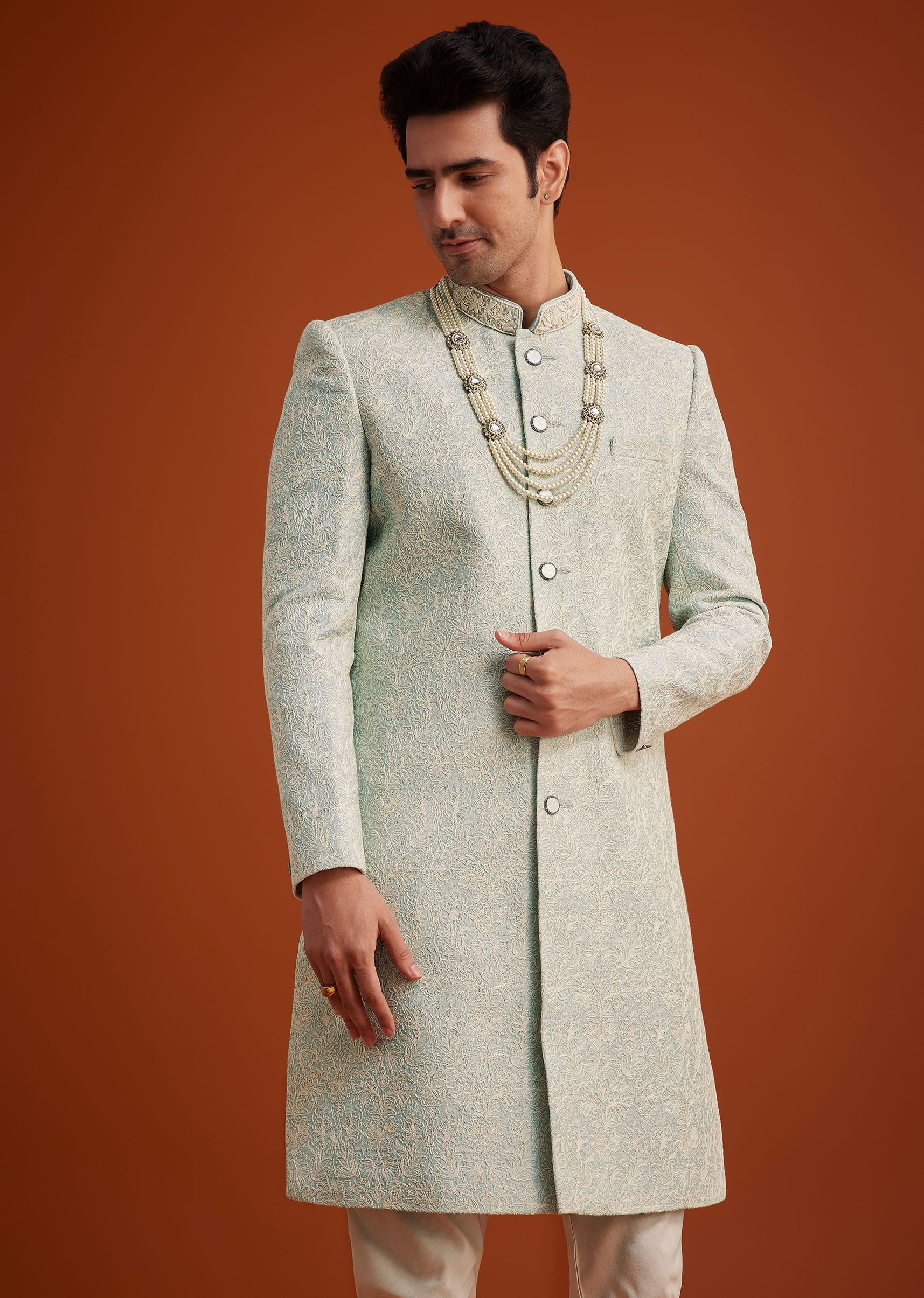 13901-pista-green-silk-sherwani-set-with-beads-embroidery-on-collar-4.jpg Pista Green Silk Sherwani Set With Beads Embroidery On Collar