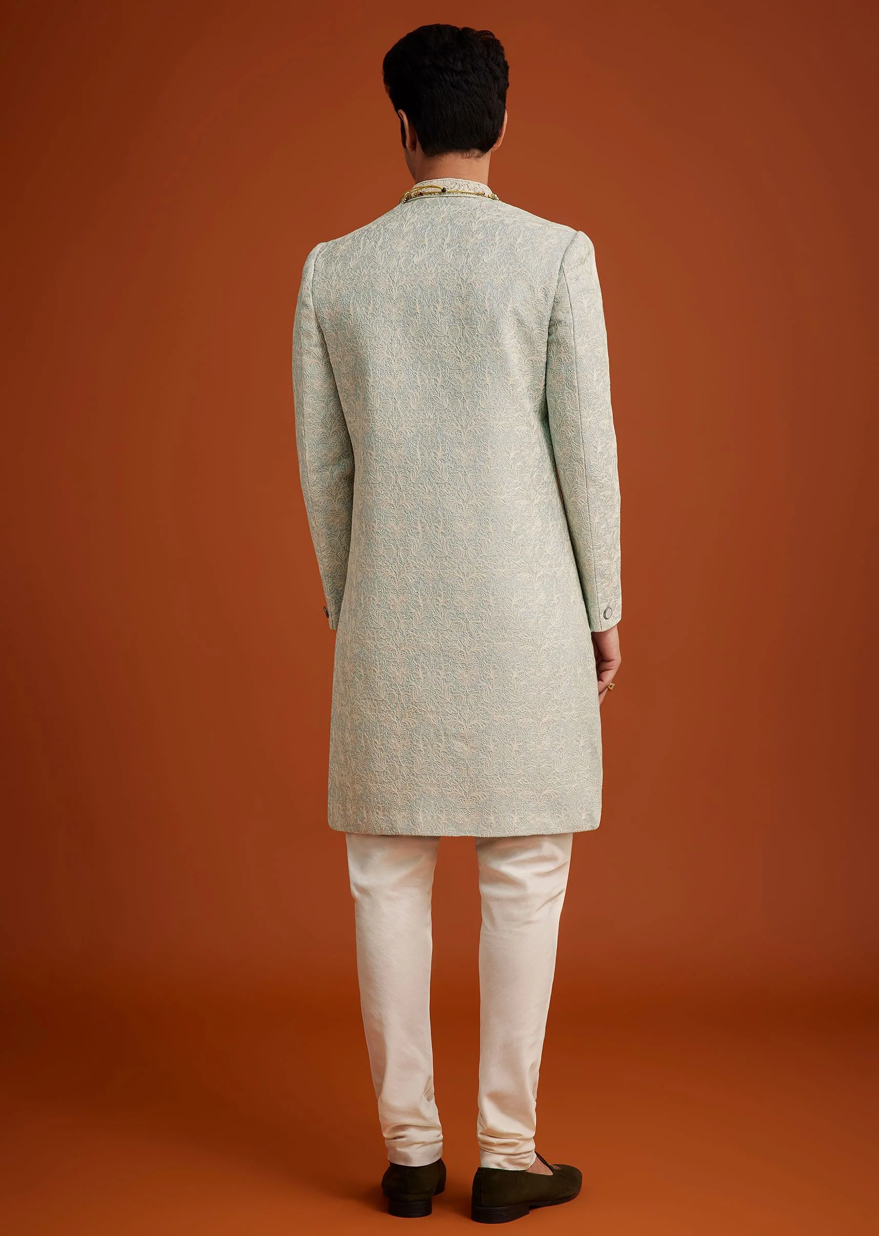 13901-pista-green-silk-sherwani-set-with-beads-embroidery-on-collar-5.webp Pista Green Silk Sherwani Set With Beads Embroidery On Collar