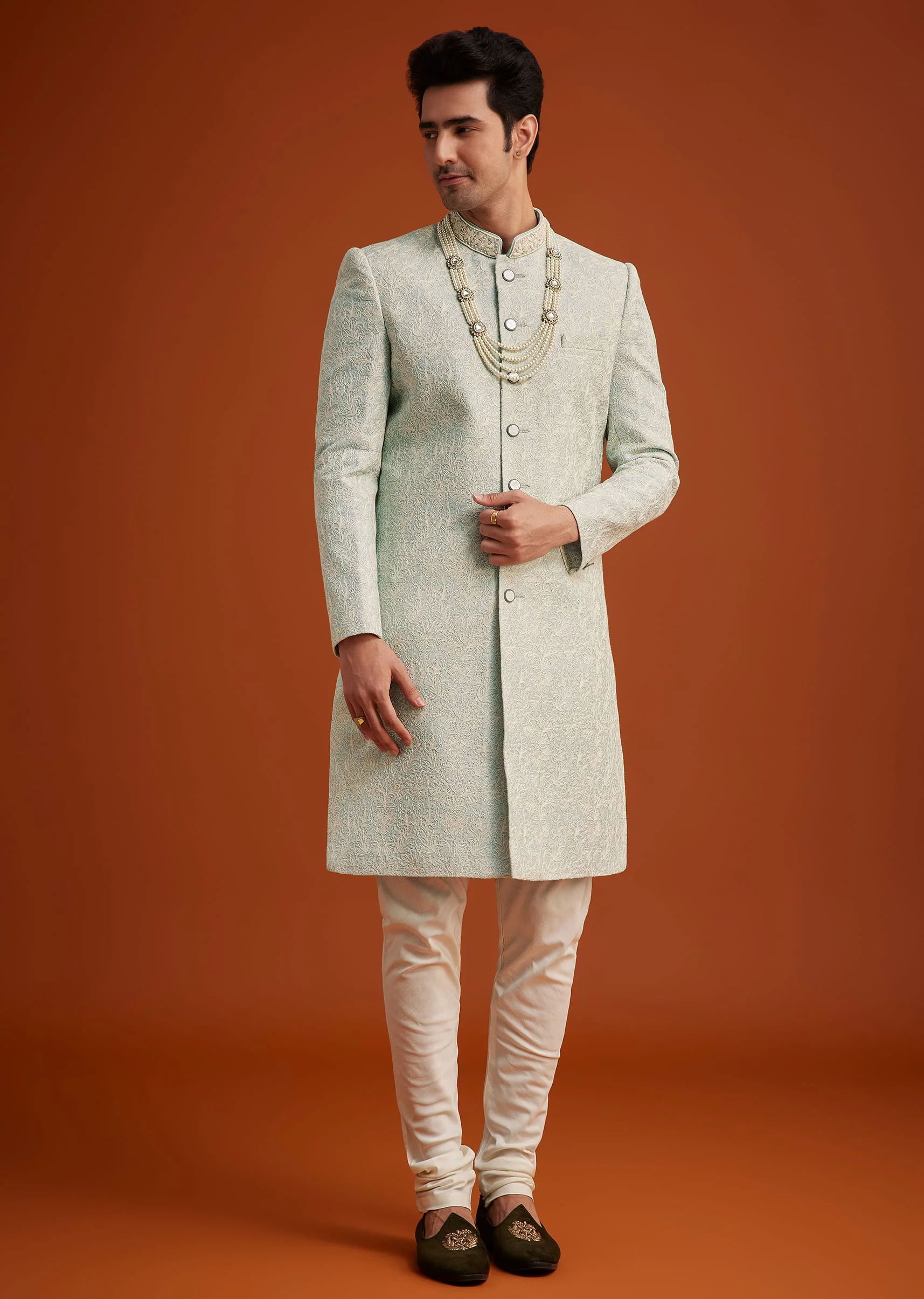 13902-36-36-variation-1.webp Pista Green Silk Sherwani Set With Beads Embroidery On Collar