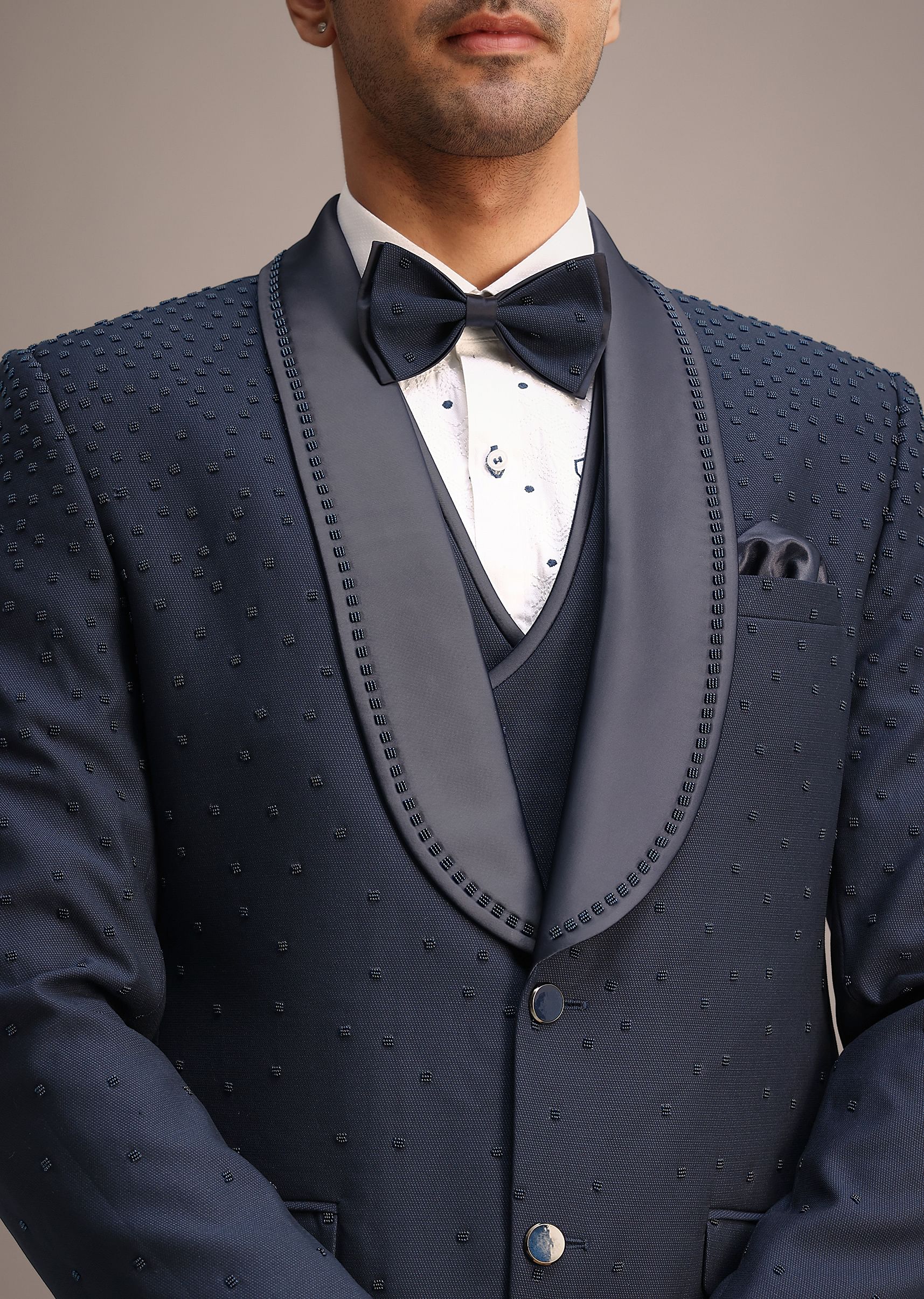 Blue Terry Rayon Tuxedo Set With Hand Work