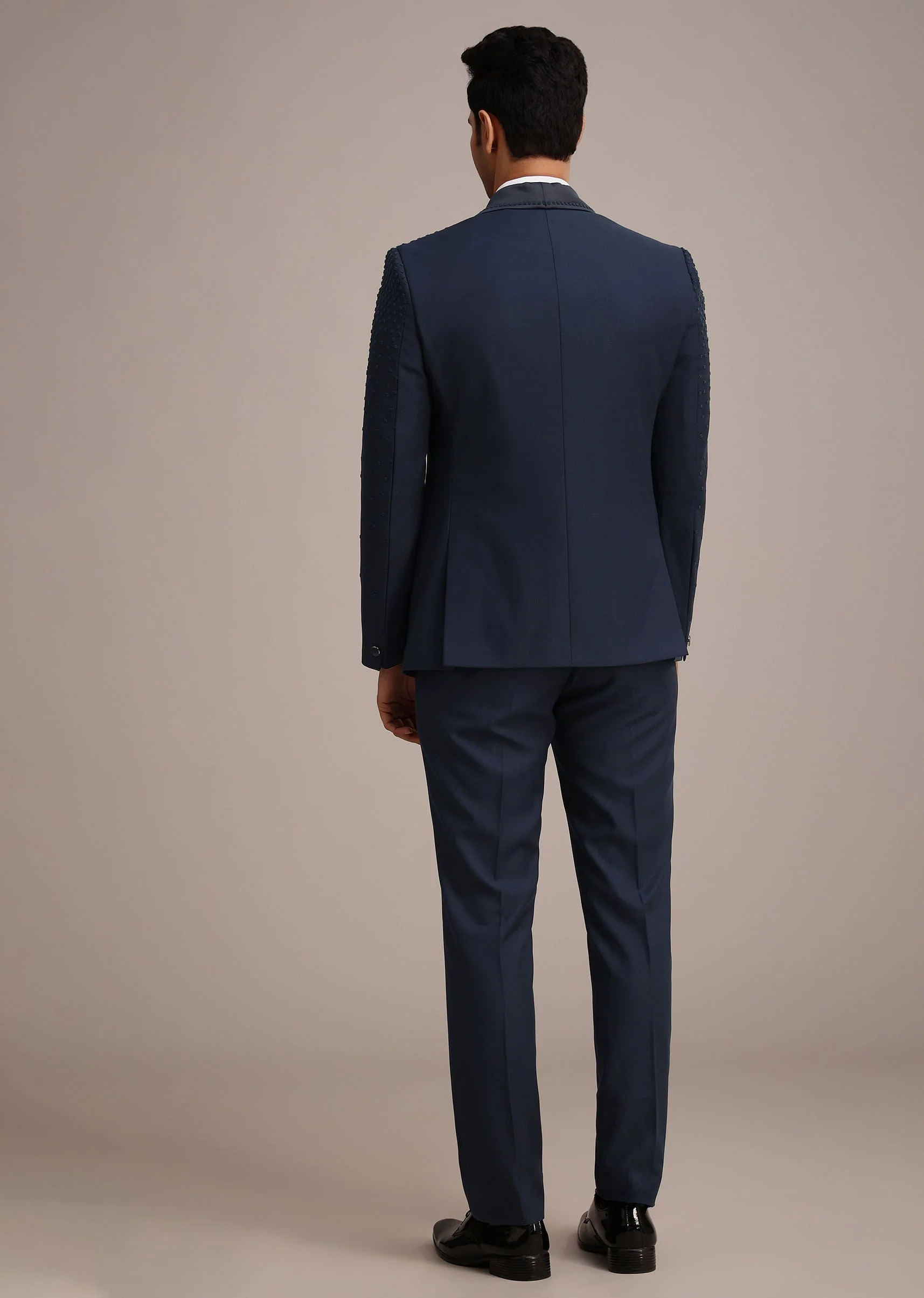 Blue Terry Rayon Tuxedo Set With Hand Work