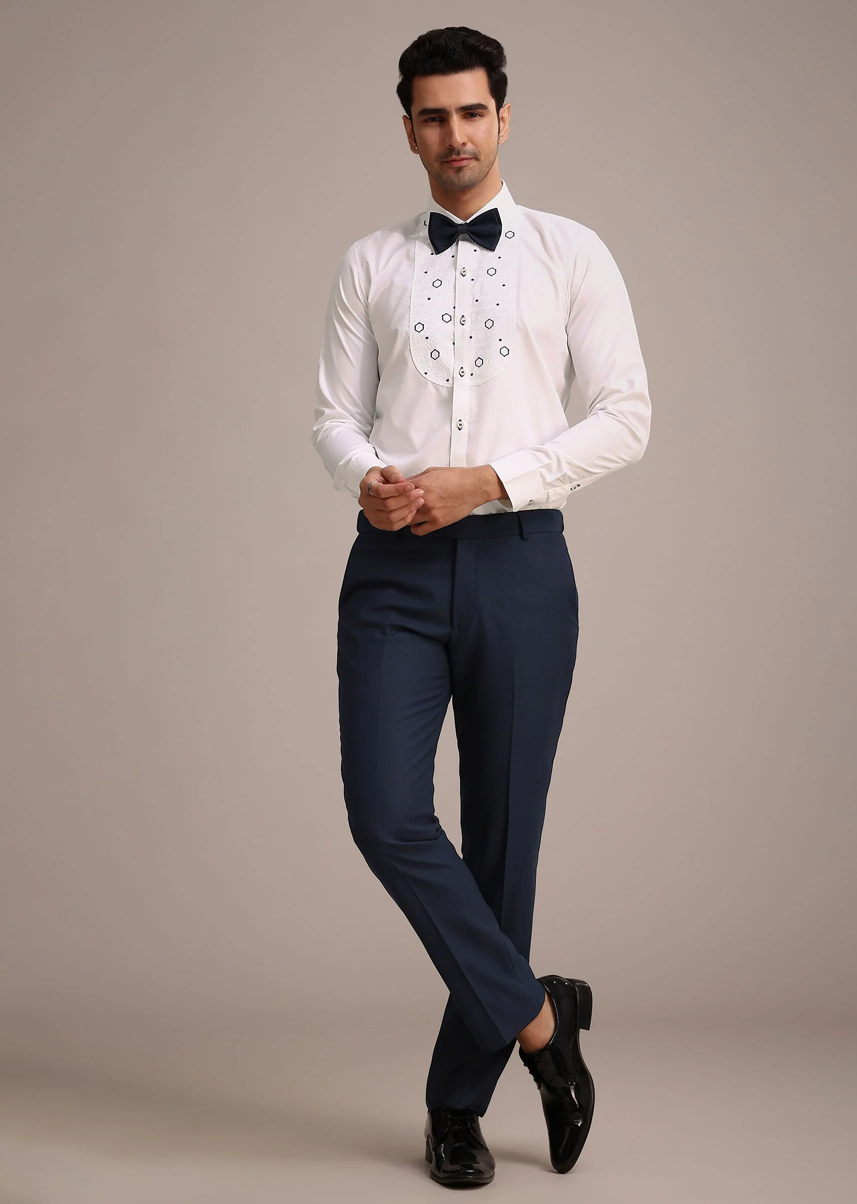 Blue Terry Rayon Tuxedo Set With Hand Work