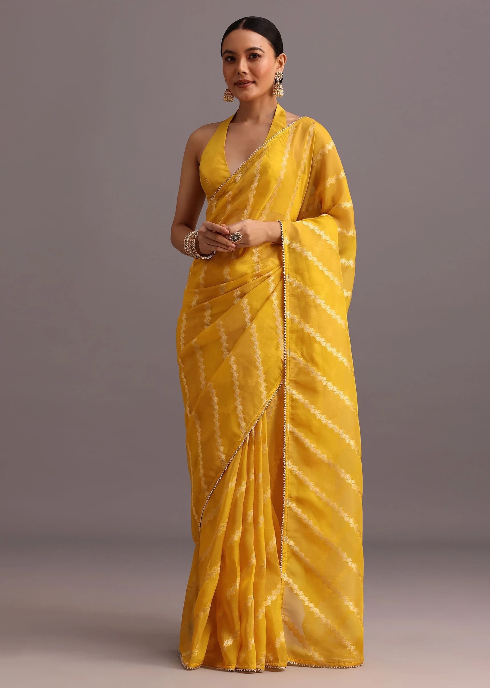 Yellow Dola Silk Leheriya Woven Saree With Gotta Patti Border