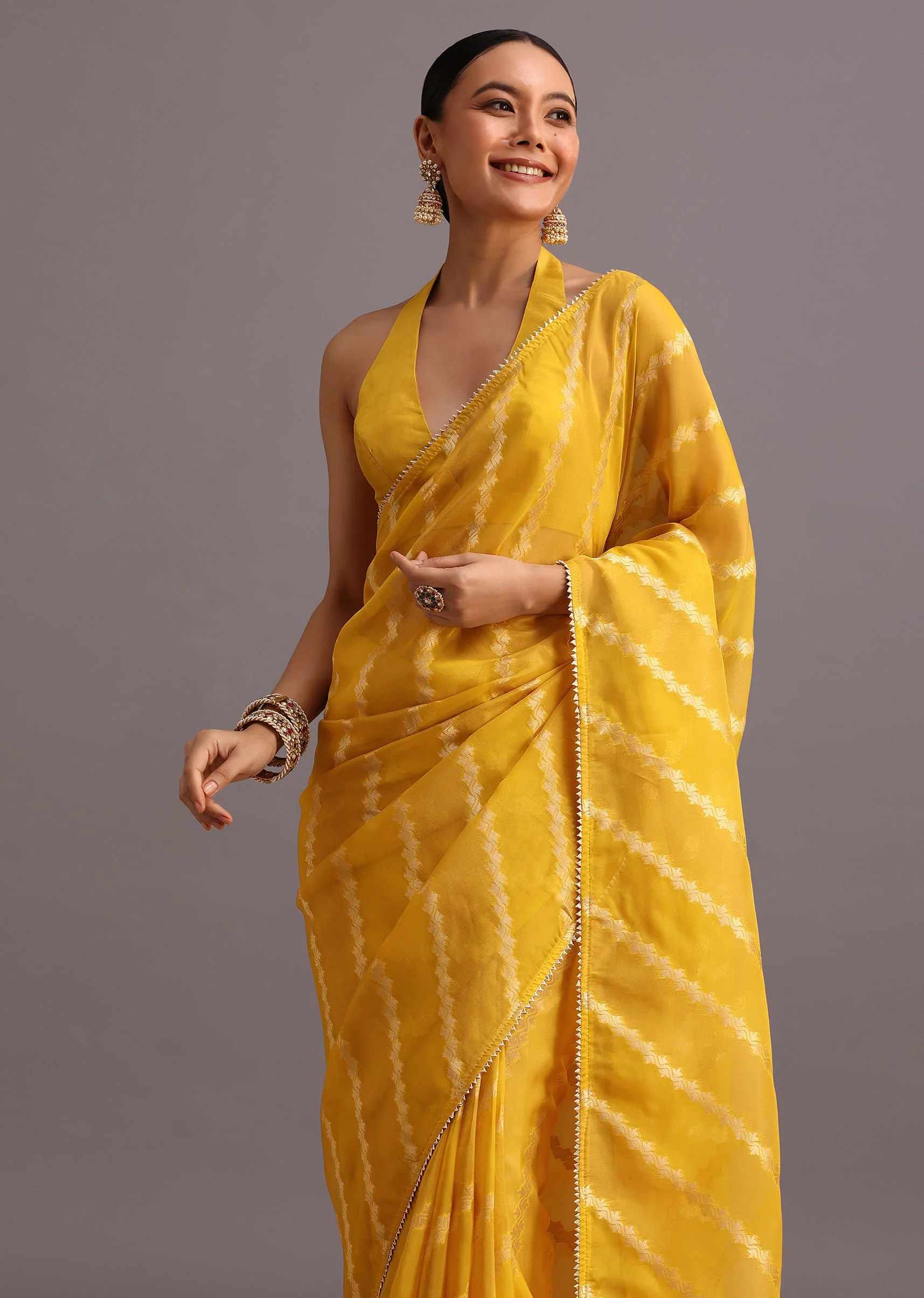 Yellow Dola Silk Leheriya Woven Saree With Gotta Patti Border