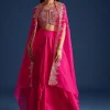 Pink Zardozi Embroidered Jacket With Skirt And Crop Top