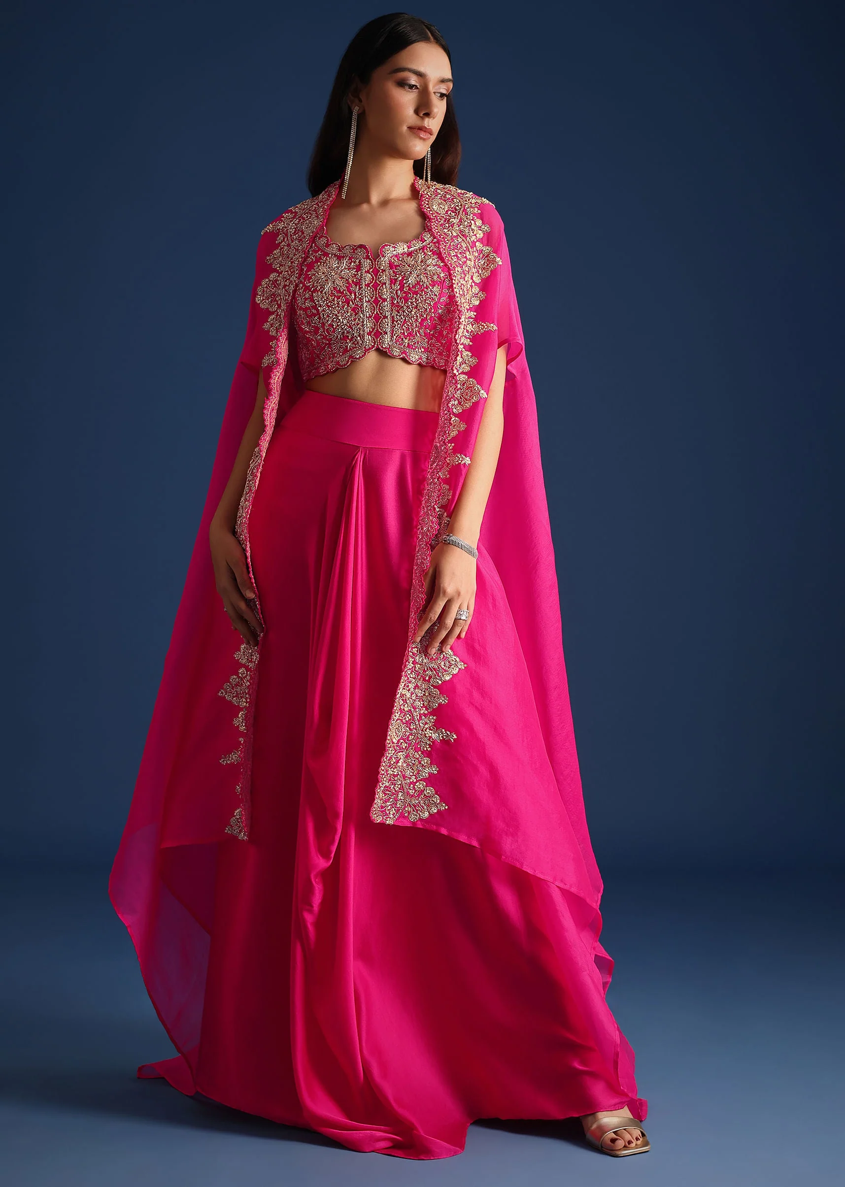 Pink Zardozi Embroidered Jacket With Skirt And Crop Top